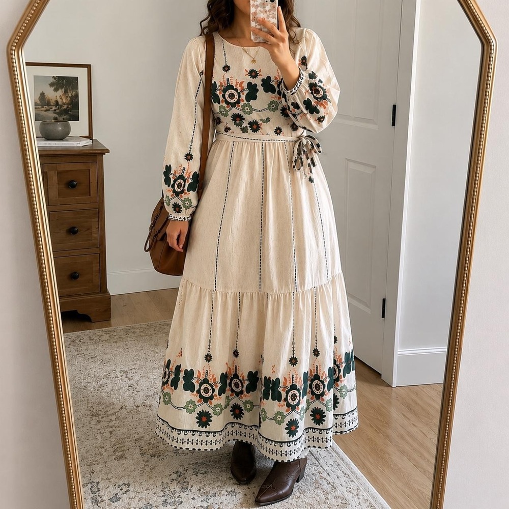 Vintage Floral Prairie Tiered Midi Dress Women M Folk Boho Whimsical Cottagecore